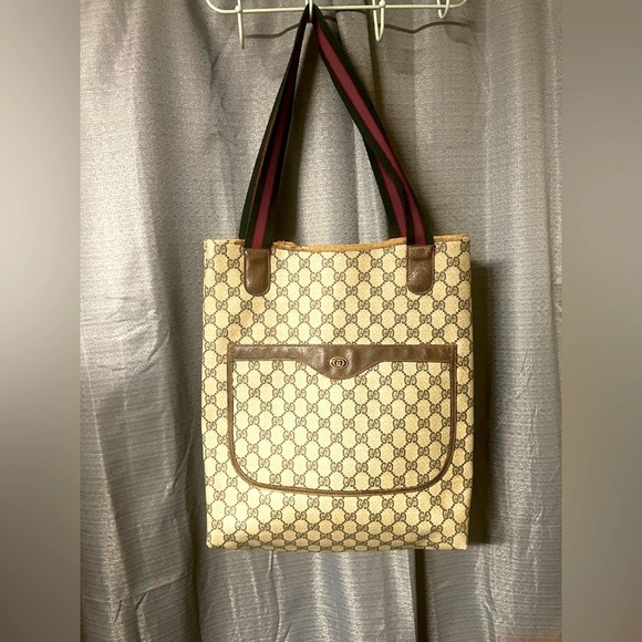 Gucci Handbags - Vintage Gucci Tote Bag Sherry Line Brown PVC Authentic Red And Green Handles